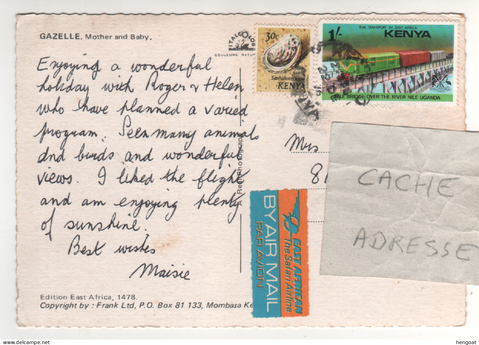 Timbres, Stamps " Coquillage : Ormeau , Pont Ferroviaire Et Train " Sur CP , Carte , Postcard Du 22/12/76 - Kenya (1963-...)