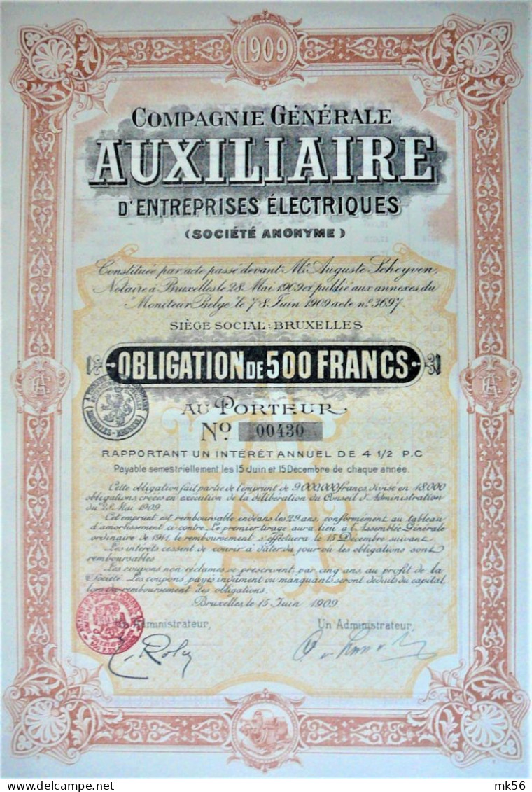 Compagnie Générale Auxiliaire D'entreprises éléctriques - Obligation De 500fr-.4,5%.  (1909) - Electricité & Gaz