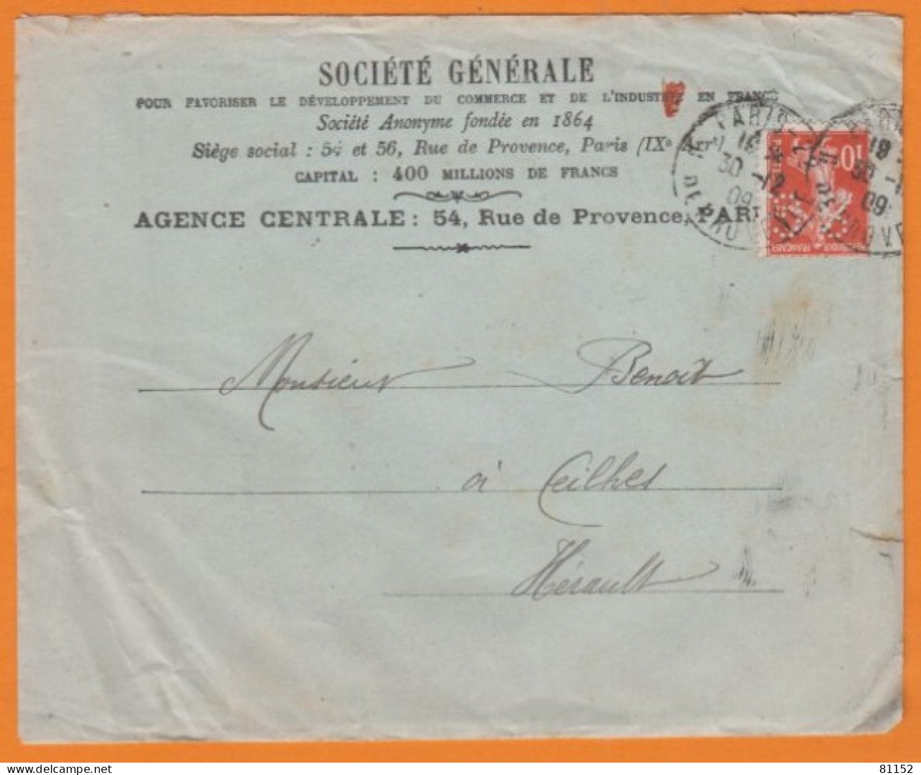 Semeuse Perforée 10c Rouge S.G. Sur Lettre + Courrier   De La Société Générale  De Paris Le 30 Déc 1909 Pour CEILHES - Covers & Documents