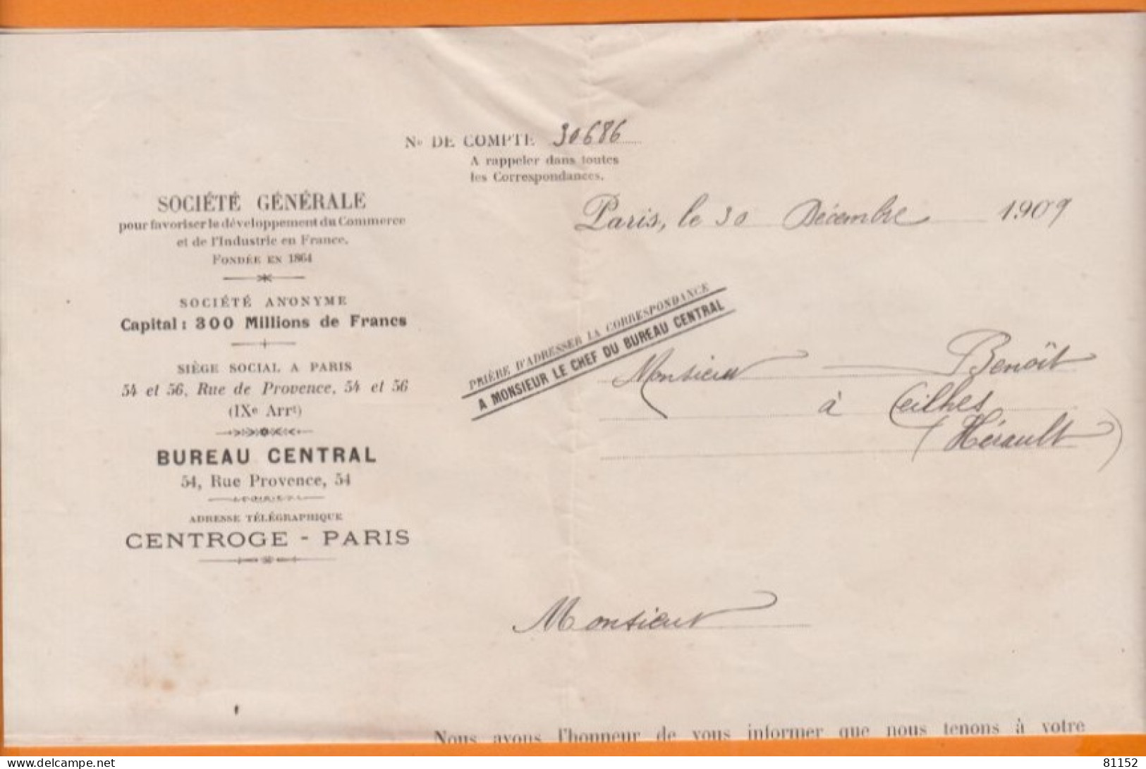 Semeuse Perforée 10c Rouge S.G. Sur Lettre + Courrier   De La Société Générale  De Paris Le 30 Déc 1909 Pour CEILHES - Covers & Documents