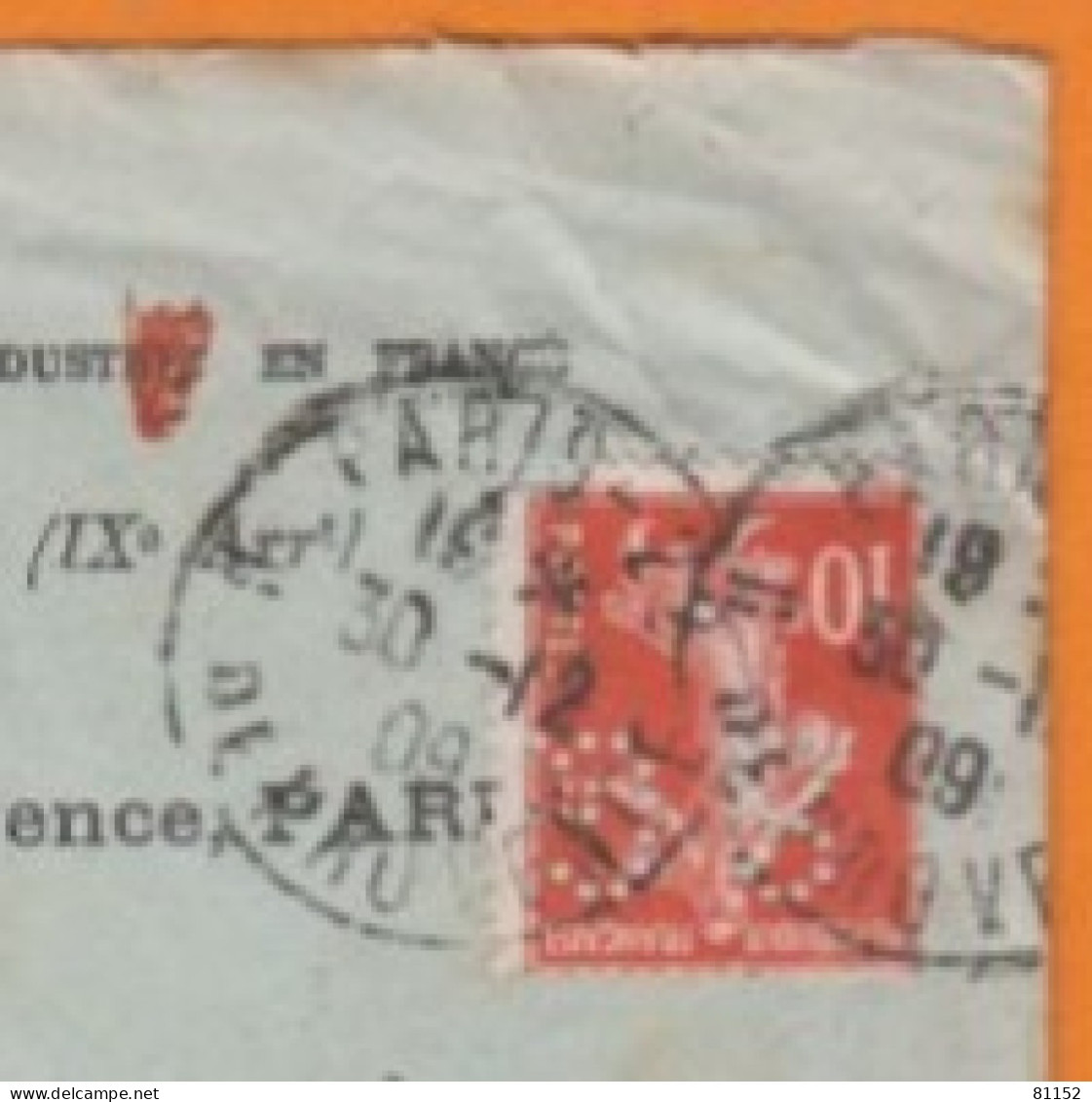 Semeuse Perforée 10c Rouge S.G. Sur Lettre + Courrier   De La Société Générale  De Paris Le 30 Déc 1909 Pour CEILHES - Storia Postale