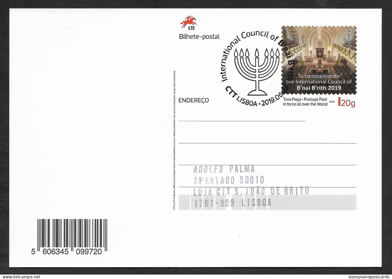 Portugal International Council B'nai B'rith Judaisme Synagogue Lisbonne Lisbon Judaica Entier Postal 2019 Stationery - Judaika, Judentum