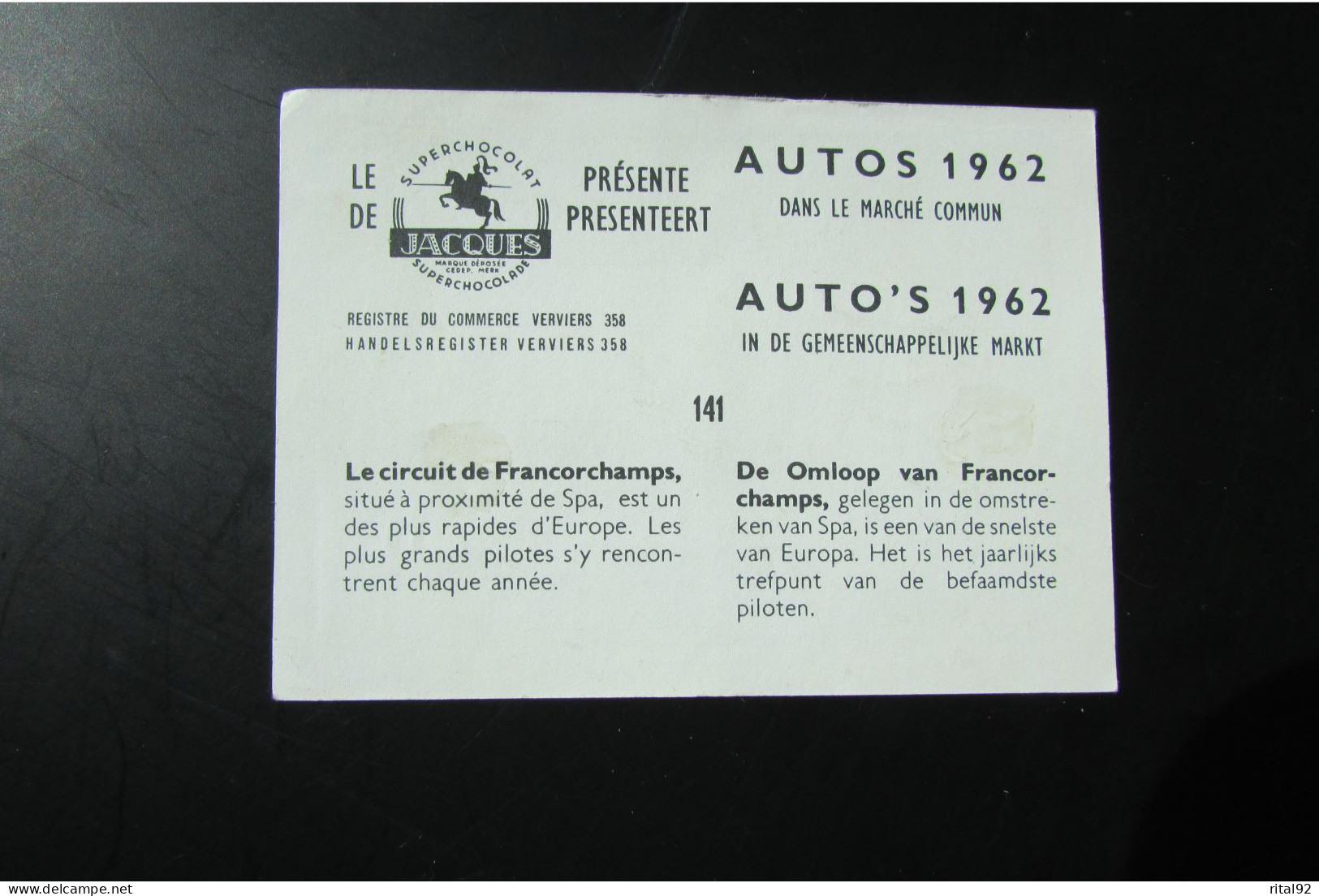 Chromo "Chocolat JACQUES" - Série "AUTOS 1962" - Jacques