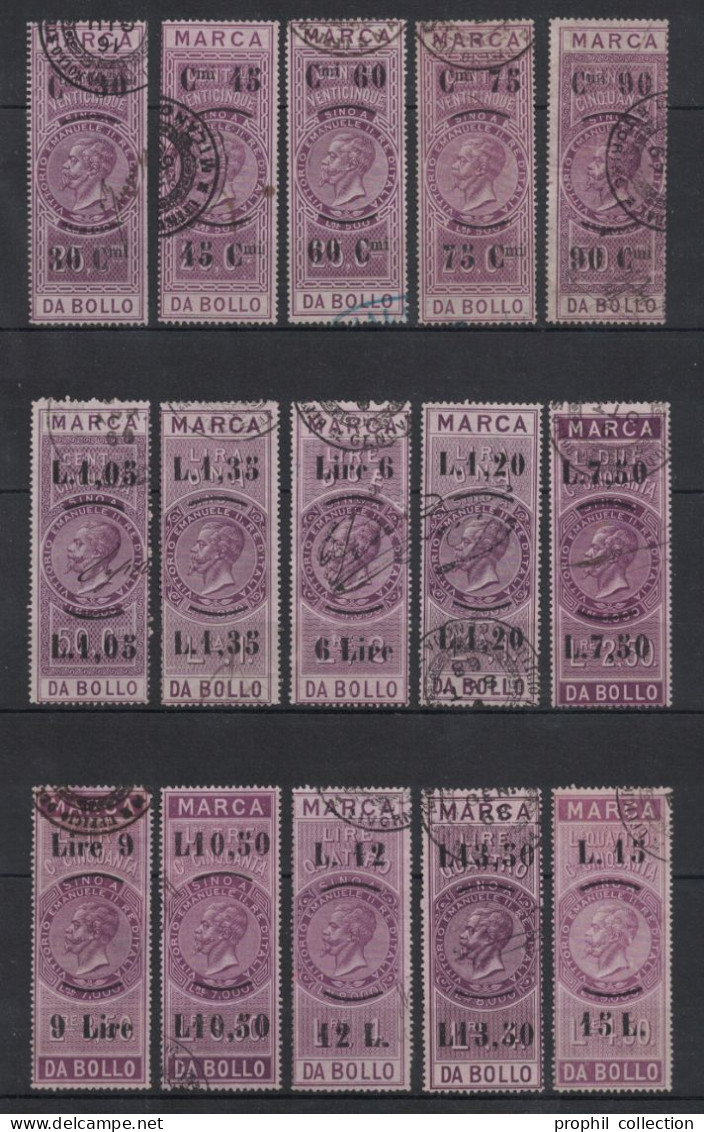 LOT SÉRIE De 15 TIMBRES FISCAUX D'ITALIE ITALIA FISCAL REVENUE MARCA DA BOLLO - Steuermarken