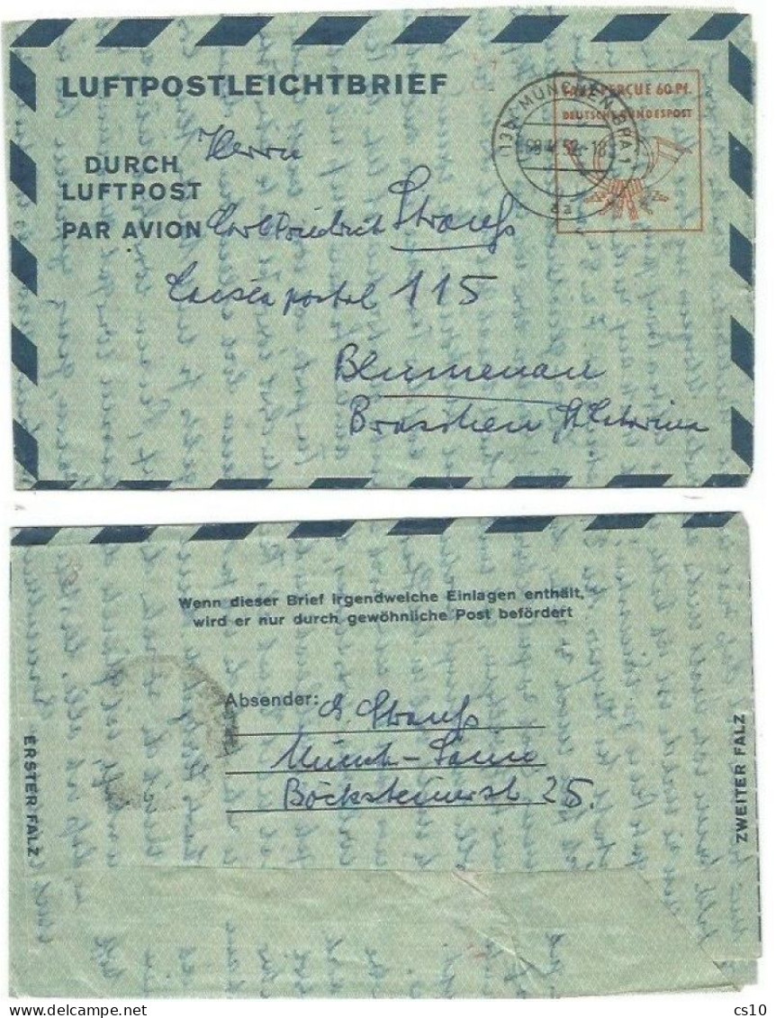 Deutschland BUND Pf.60 Taxe Percue Luftpostleichtbrief LF7 9apr1952 Bedarf Ab Munchen Nach Blumenau Brasilien S.America - Lettres & Documents