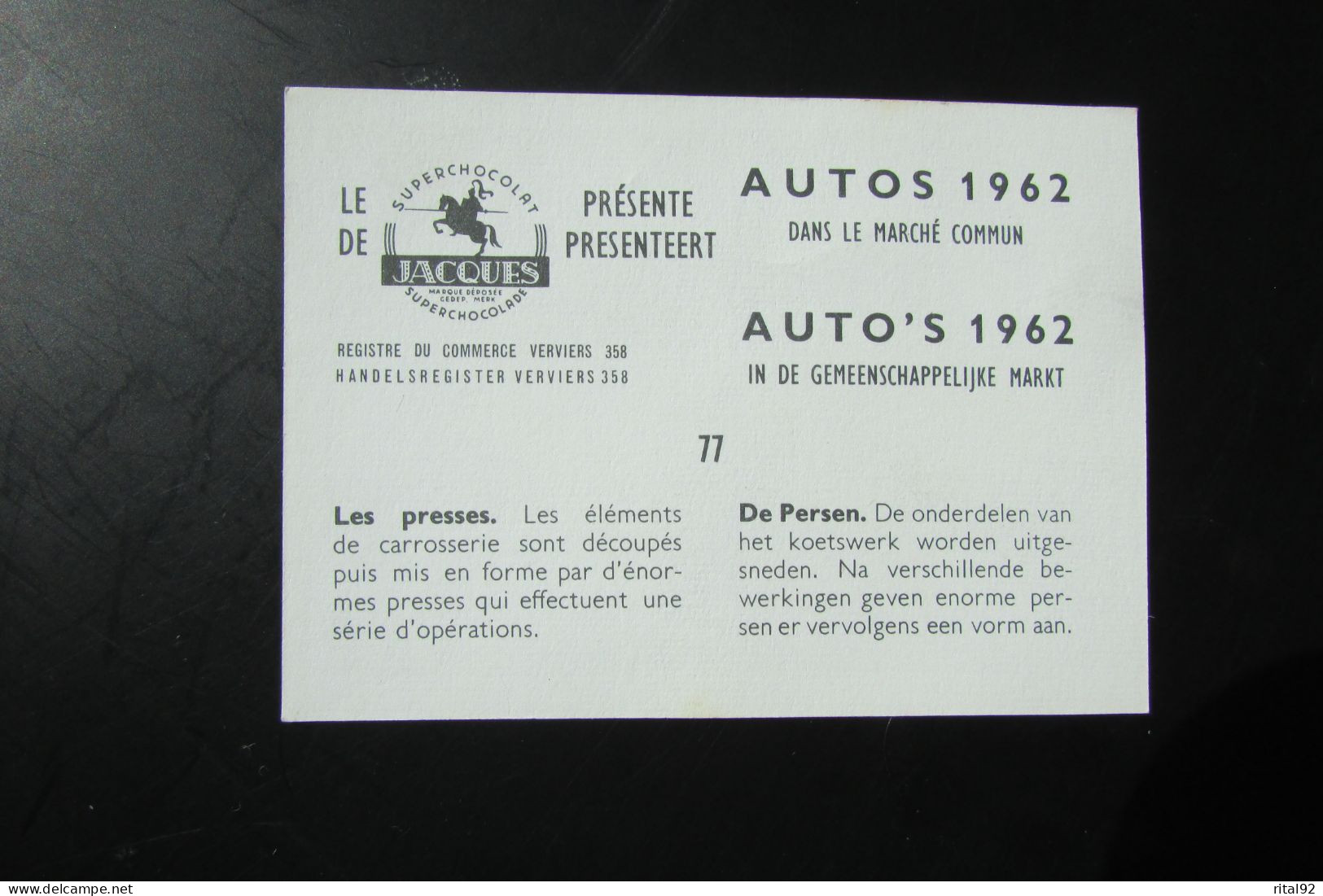 Chromo "Chocolat JACQUES" - Série "AUTOS 1962" - Jacques