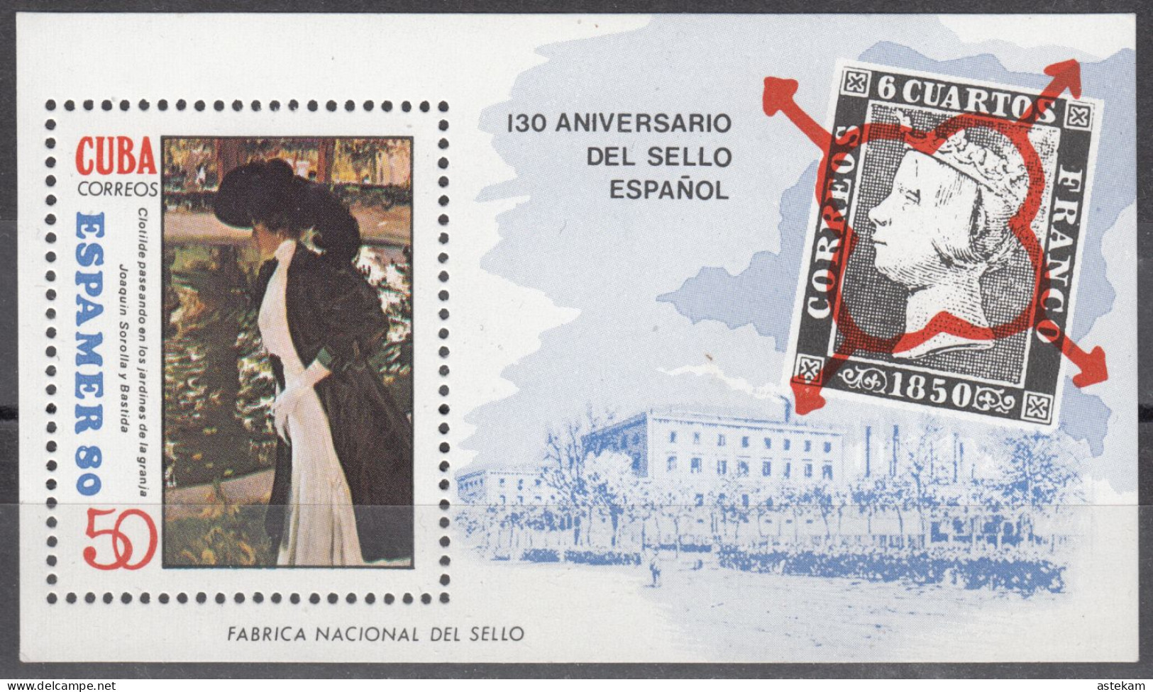 CUBA 1980, 130 YEARS Of SPANISH STAMPS, PAINTINGS Of A WOMAN And The FACTORY Of STAMPS, MNH BLOCK With GOOD QUALITY, *** - Nuevos