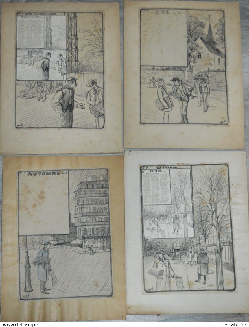 Rare 4 Maquettes 25 X 32 Cm Pour Calendrier Années 1900-1920 Pour Journal Type Sillon - Dessins