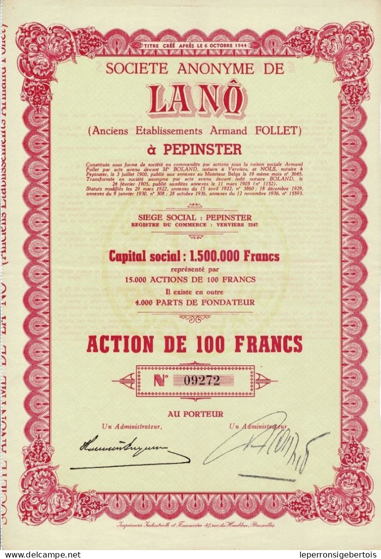 Titre Créé Après Le 06/10/1944 - Société Anonyme De Lanö à Pépinster - Anciens Etablissements Armand Follet - - Textile