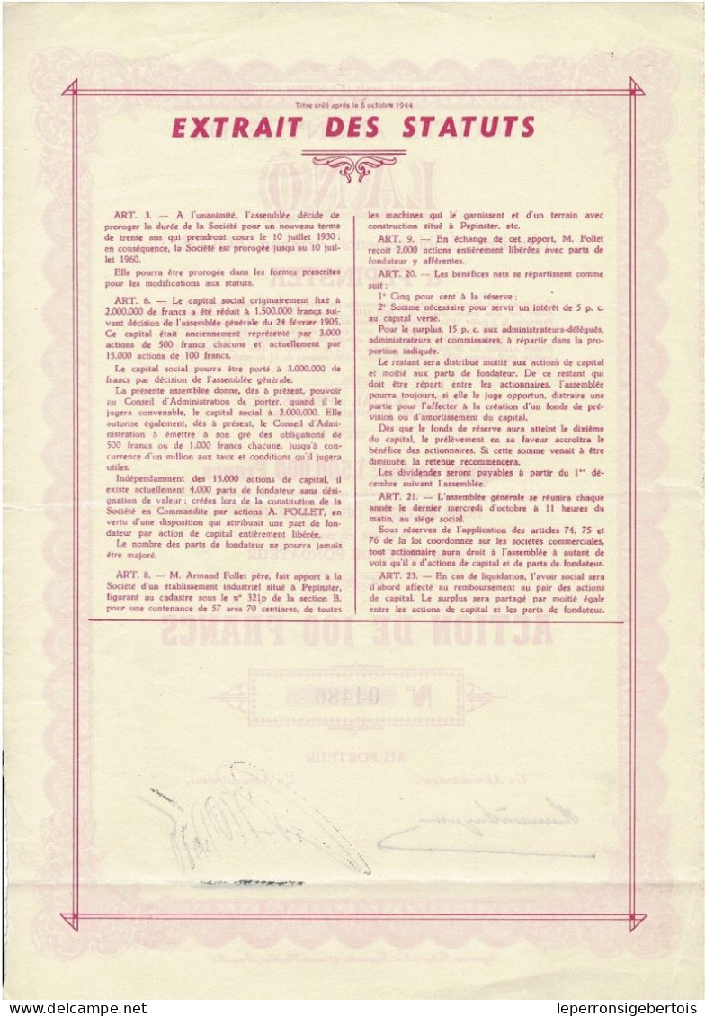 Titre Créé Après Le 06/10/1944 - Société Anonyme De Lanö à Pépinster - Anciens Etablissements Armand Follet - - Textil