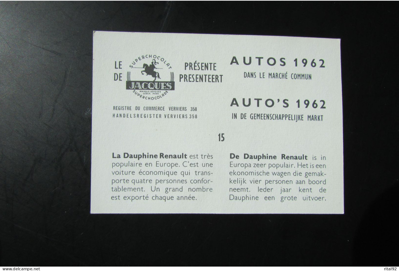 Chromo "Chocolat JACQUES" - Série "AUTOS 1962" - Jacques