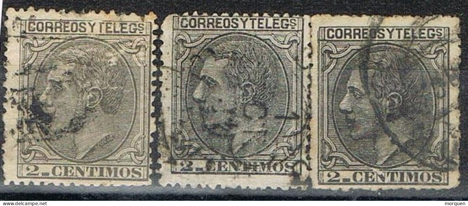 Tres Sellos  2 Ctos ALFONSO XII, VARIEDAD De Color, Num 200-200a-200b º - Usados