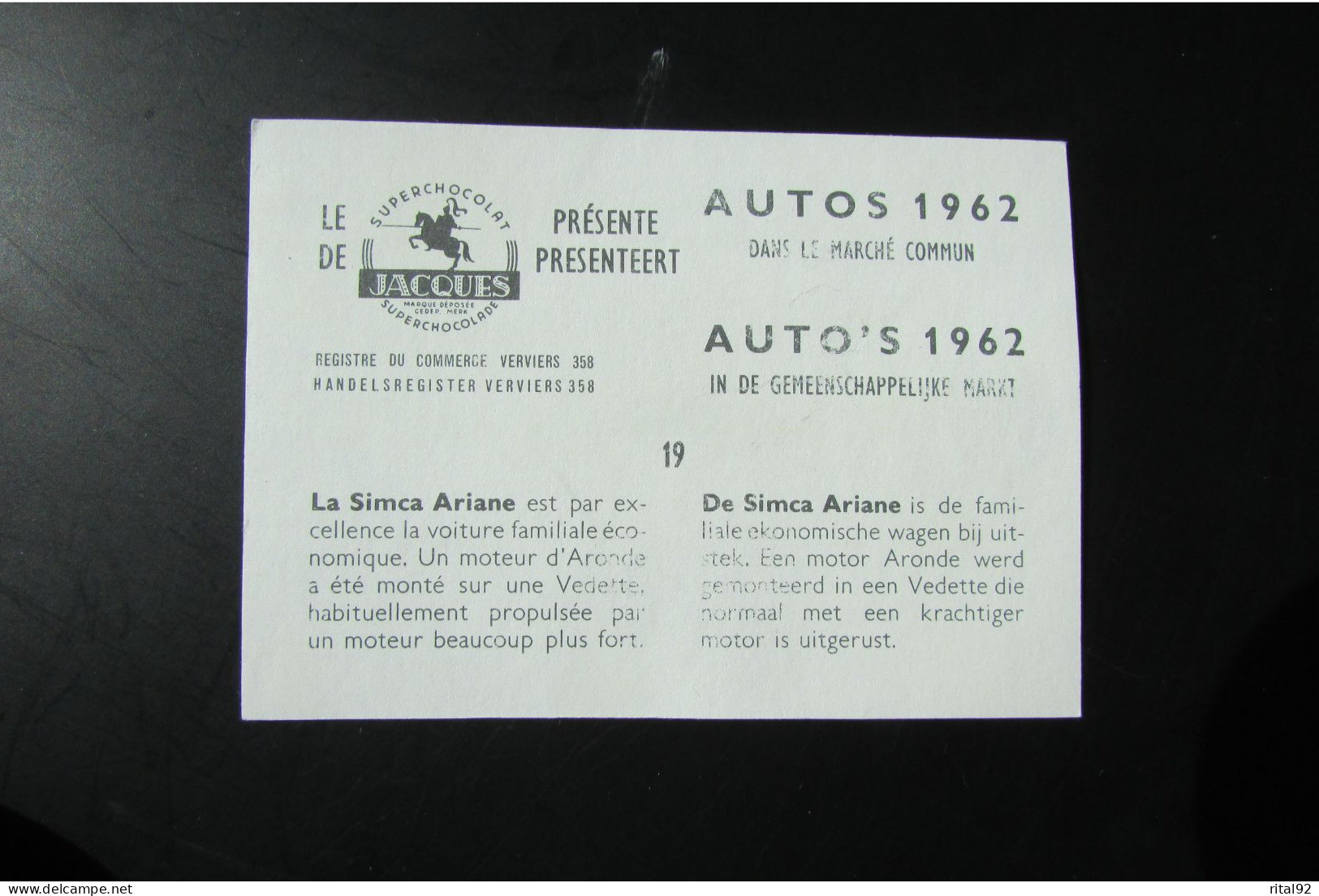 Chromo "Chocolat JACQUES" - Série "AUTOS 1962" - Jacques