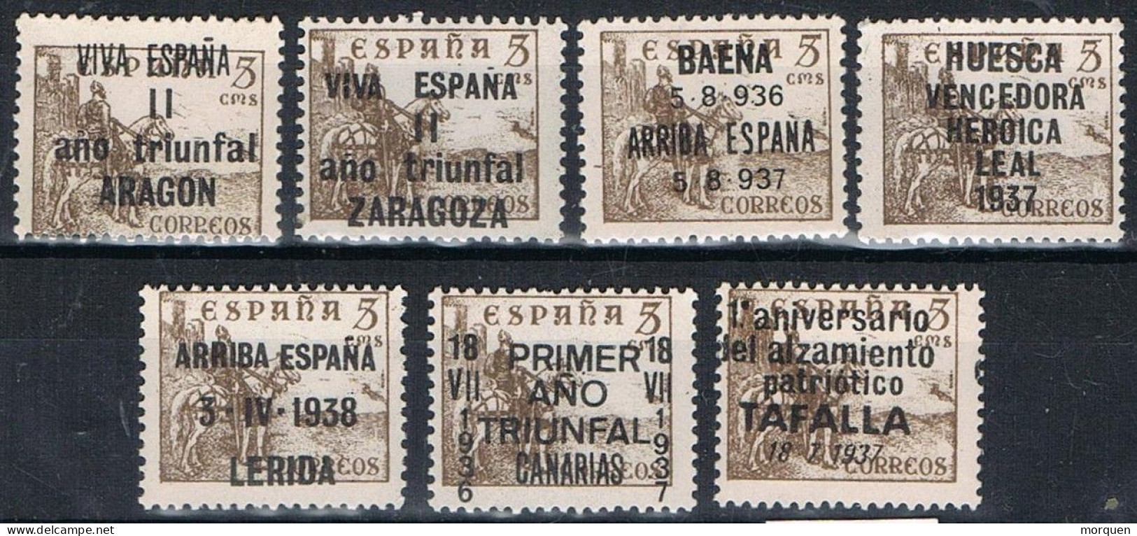 Lote 7 Sellos Patrioticos Guerra Civil, Sobre Valor 5 Cts Cid, Zaragoza, Baena, Huesca, Aragon, Lerida, Tafalla ** - Spanish Civil War Labels
