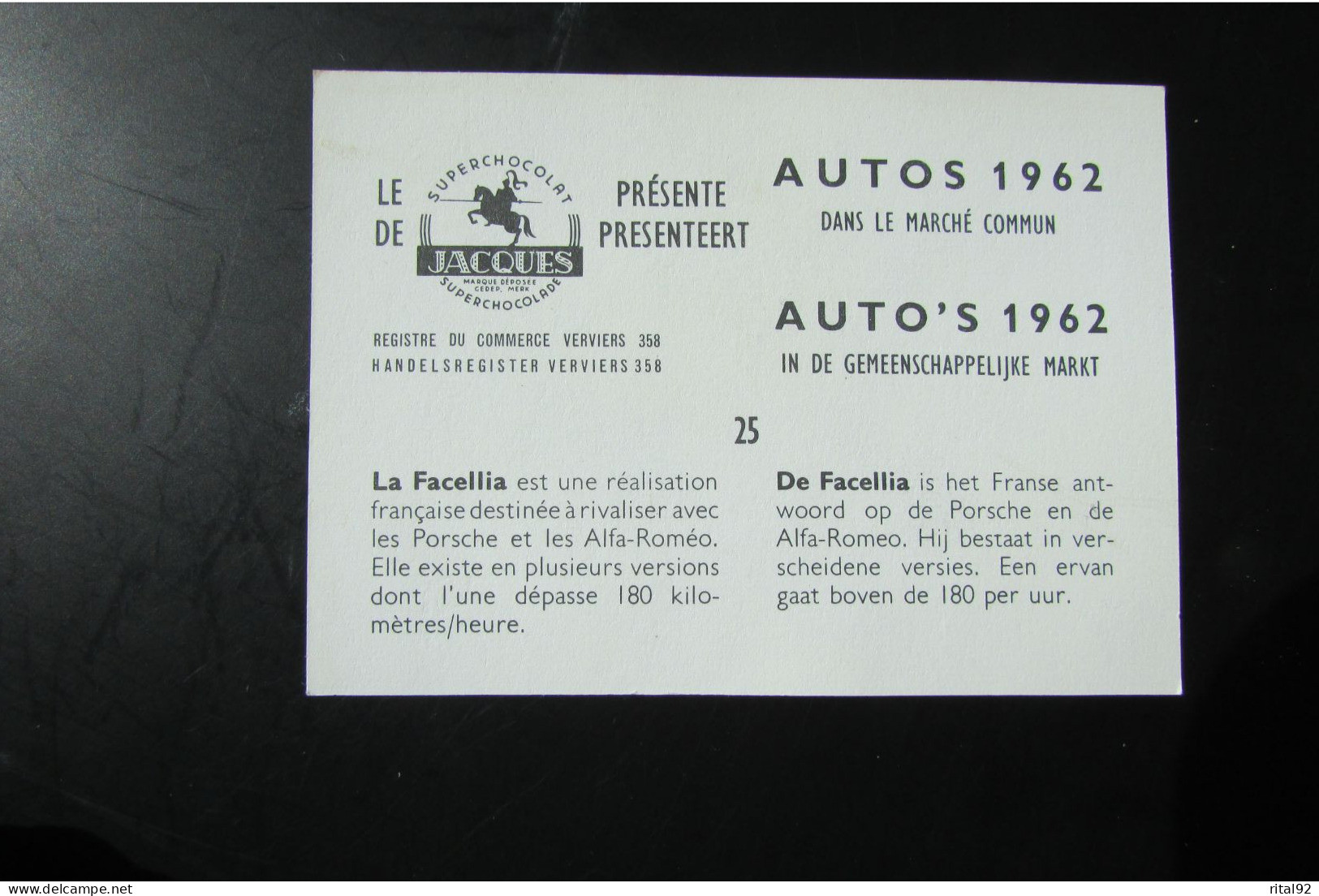 Chromo "Chocolat JACQUES" - Série "AUTOS 1962" - Jacques