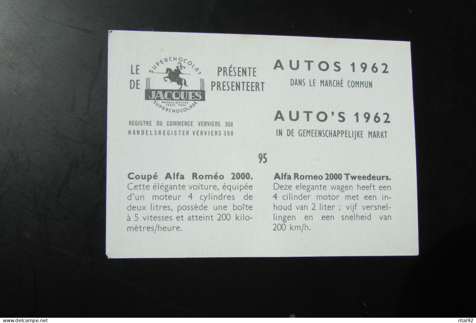 Chromo "Chocolat JACQUES" - Série "AUTOS 1962" - Jacques