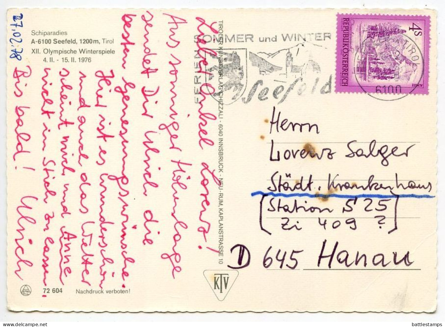 Austria 1975 Postcard Seefeld In Tirol - Schiparadies; 4s. Almsee Stamp; Pictorial Slogan Cancel - Seefeld