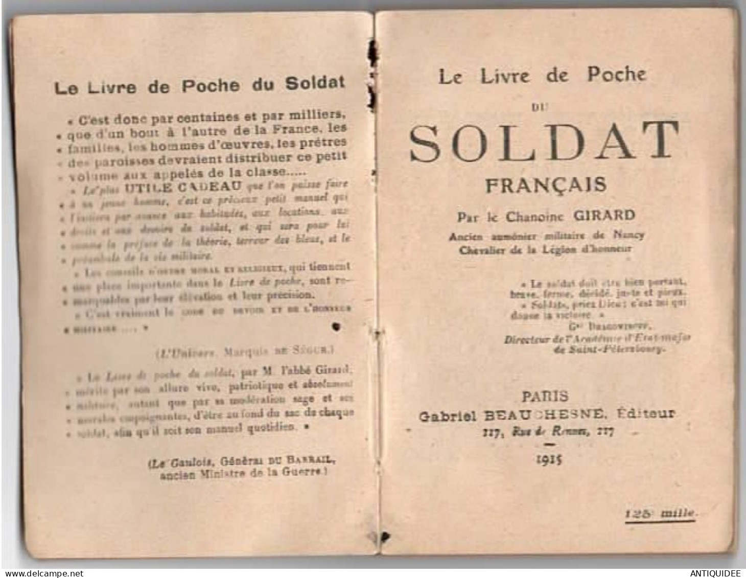 LE LIVRE DE POCHE DU SOLDAT FRANCAIS Par Le Chanoine GIRARD - Editions Gabriel BEAUCHESNE, PARIS En 1915 - - Francese