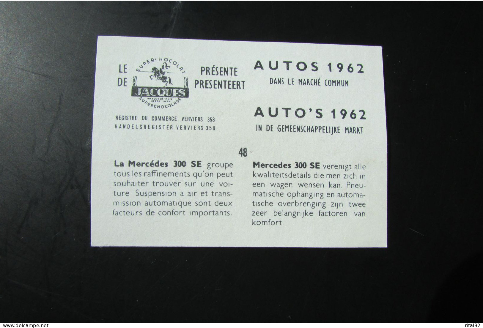 Chromo "Chocolat JACQUES" - Série "AUTOS 1962" - Jacques