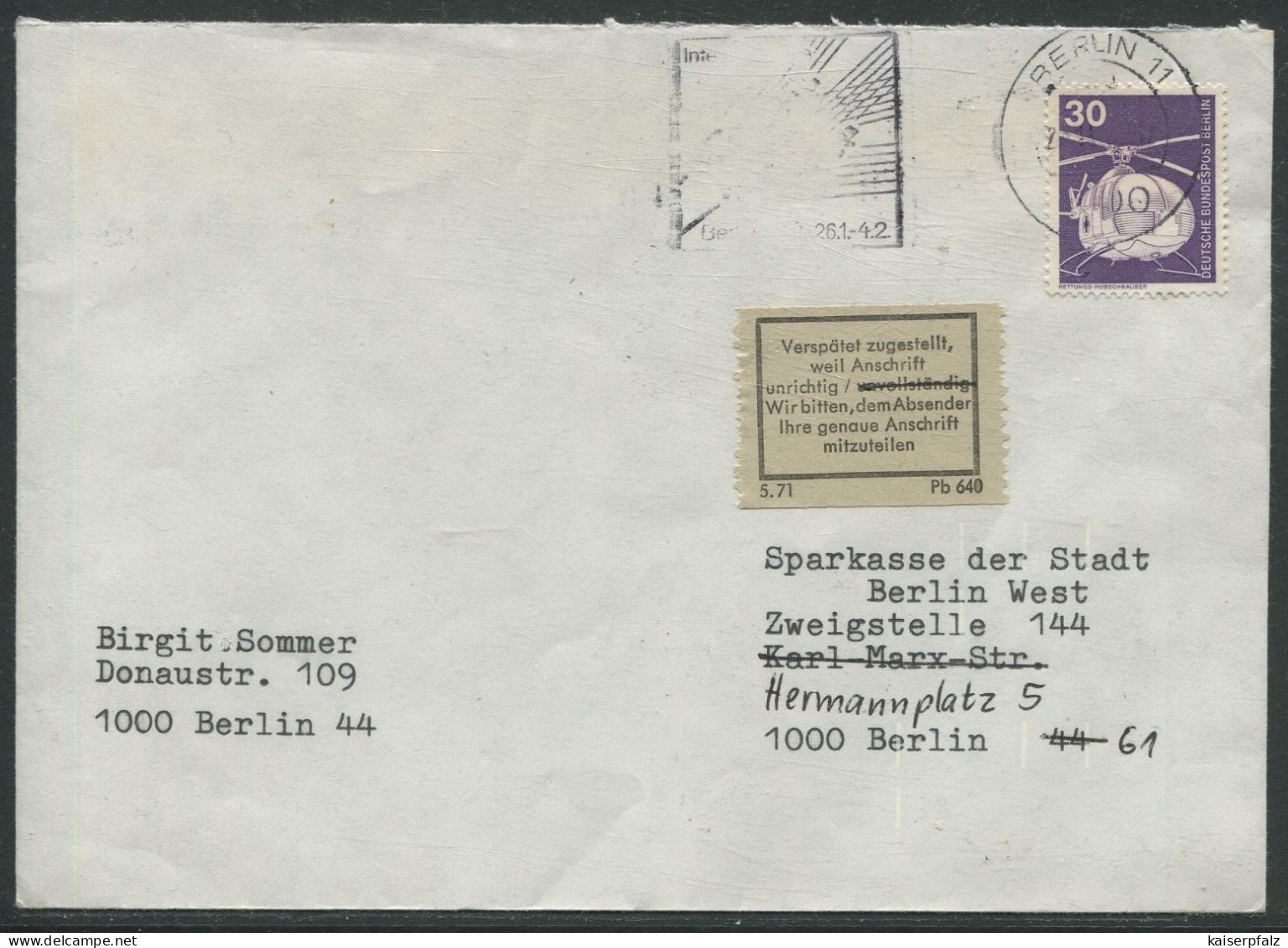 1834) MiNr.: 497 - EF - Brief - Berlinstempel - Zustellvermerke - Lettres & Documents