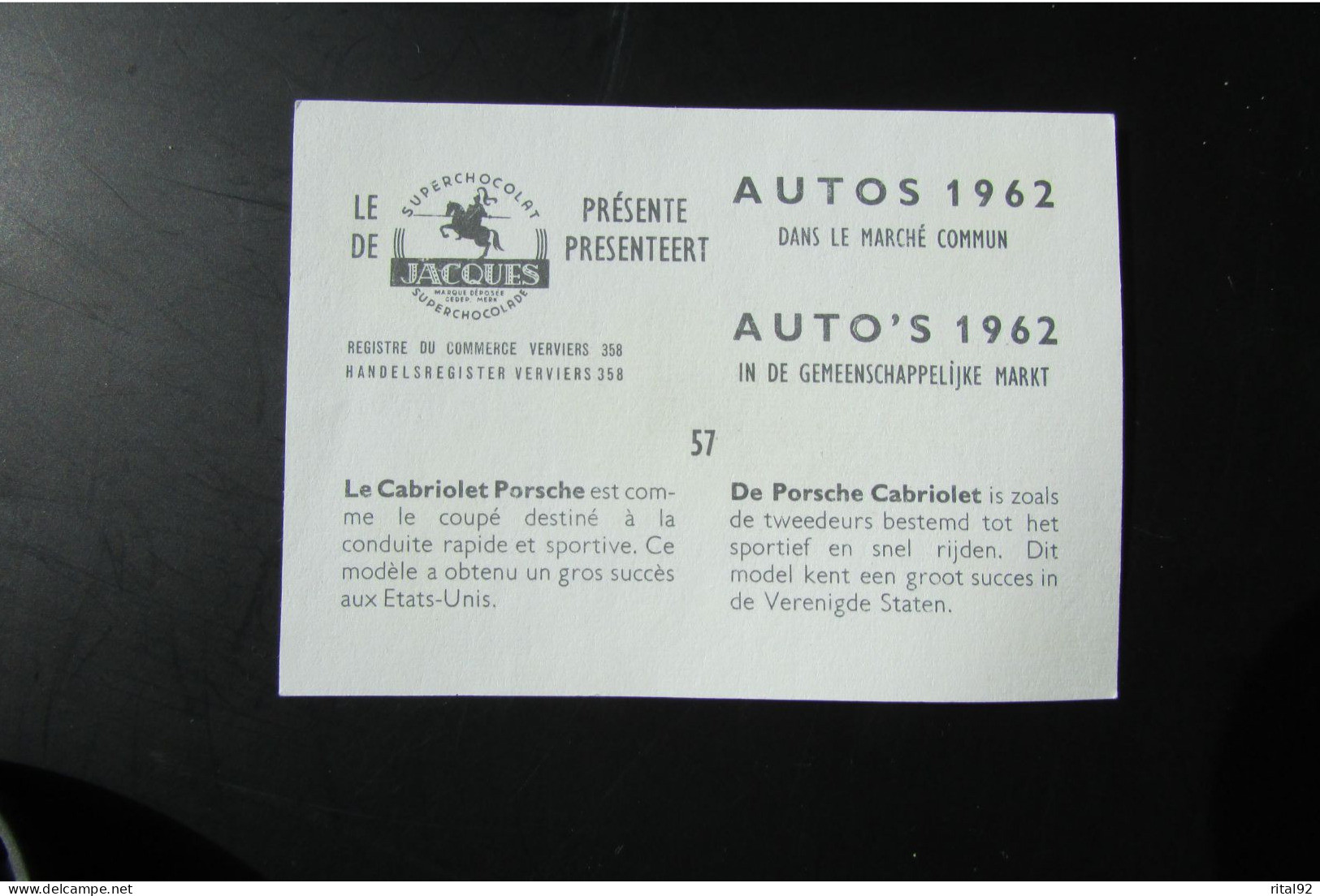 Chromo "Chocolat JACQUES" - Série "AUTOS 1962" - Jacques