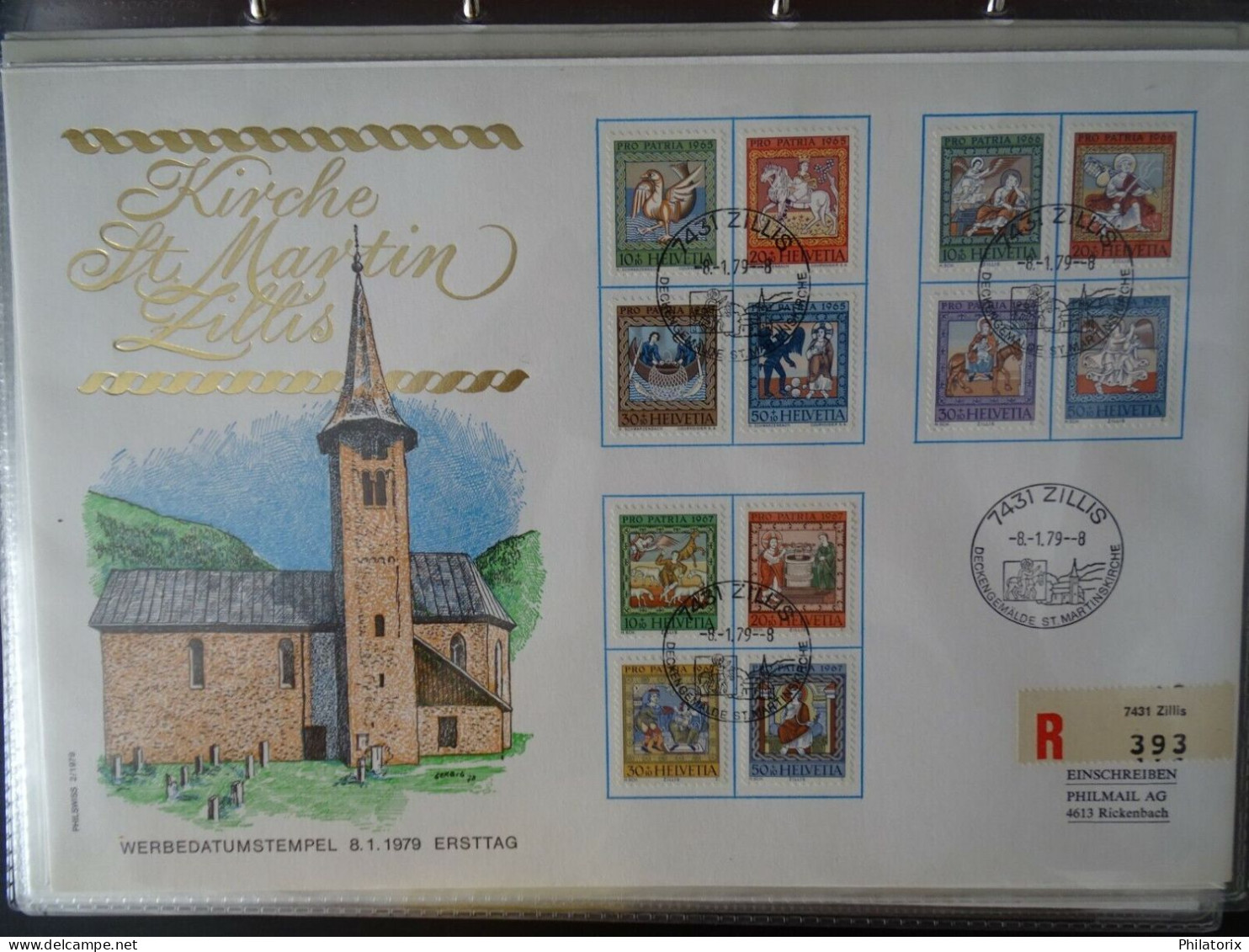 Schweiz Sonderstempel , Mi 814-818+836-840+853-857 , Kirche St. Martin In Zillis - Storia Postale