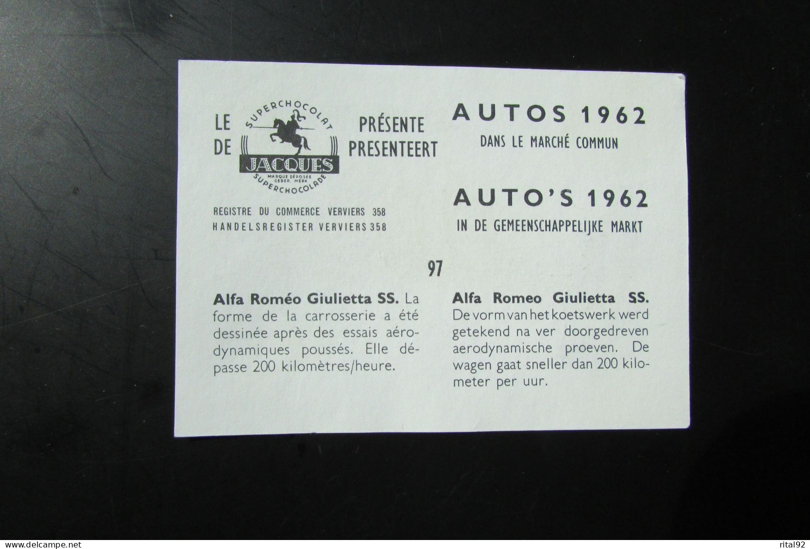 Chromo "Chocolat JACQUES" - Série "AUTOS 1962" - Jacques