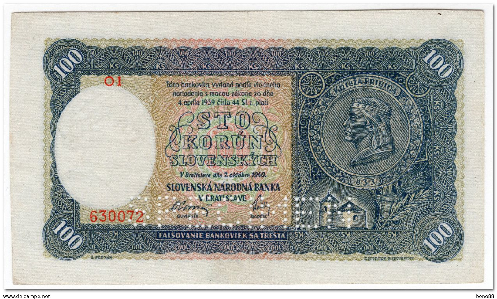 SLOVAKIA,100 KORUN,1940,P.10,AU,SPECIMEN,PERFORATED - Slovacchia