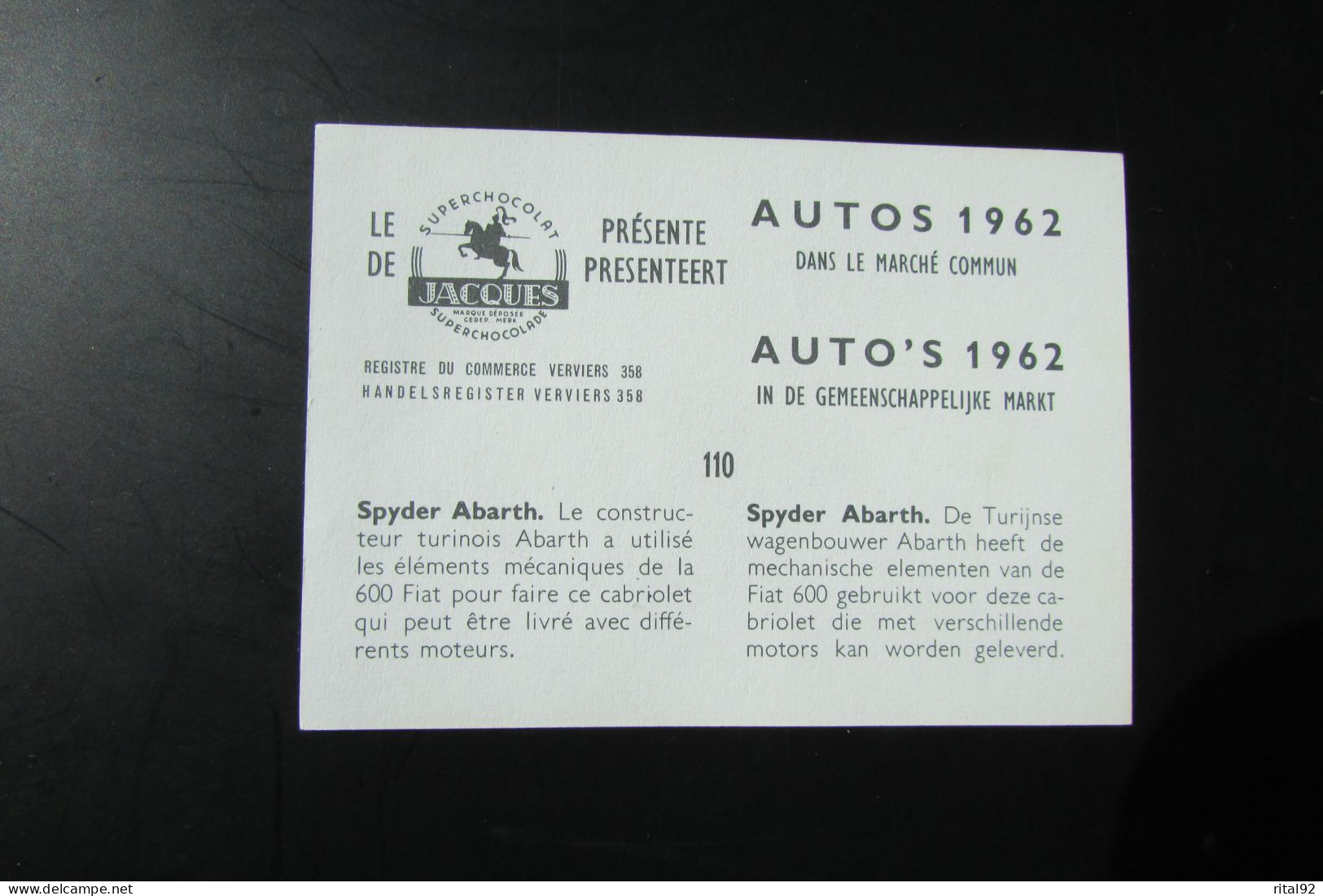 Chromo "Chocolat JACQUES" - Série "AUTOS 1962" - Jacques