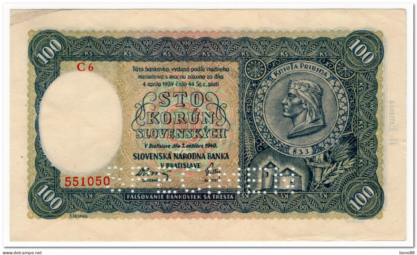 SLOVAKIA,100 KORUN,1940,P.11,XF-AU,SPECIMEN ,PERFORATED - Slovacchia