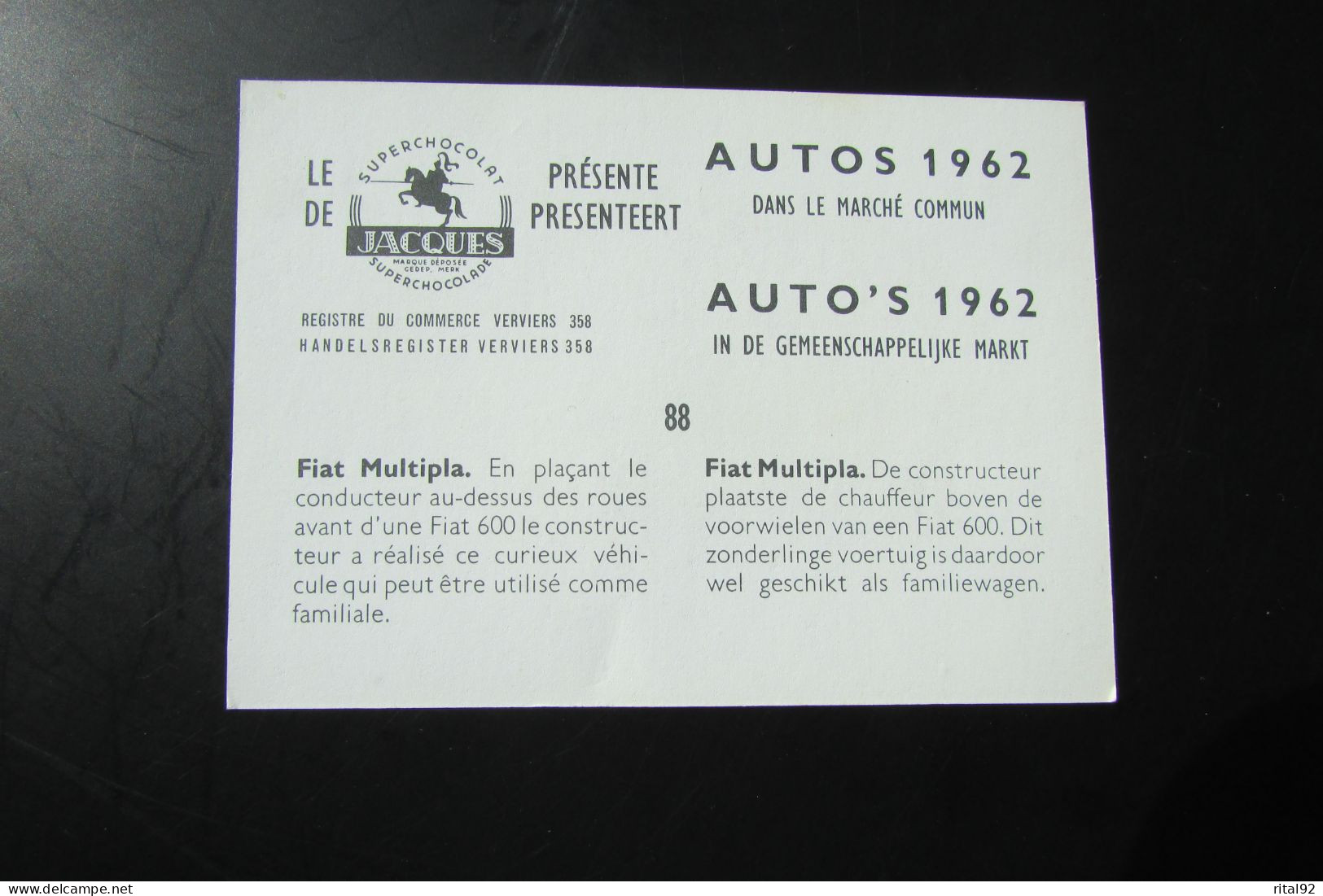 Chromo "Chocolat JACQUES" - Série "AUTOS 1962" - Jacques