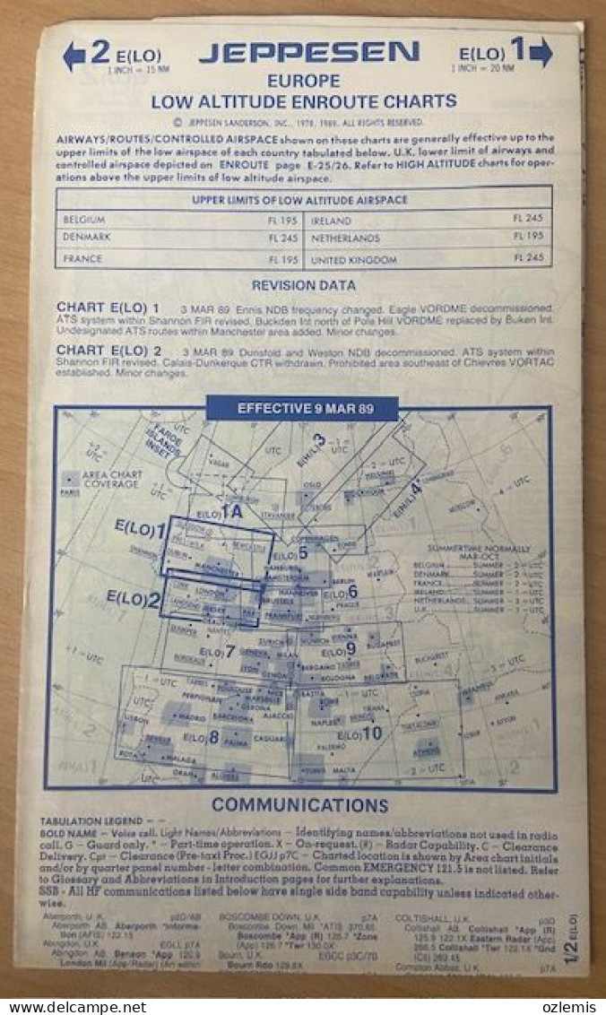 AIRPLANE FLIGHT PLAN ,JEPPESEN ,EUROPE ,LOW ALTITUDE ENROUTE CHARTS,EFFECTIVE 9 MAR 89 - Autres & Non Classés