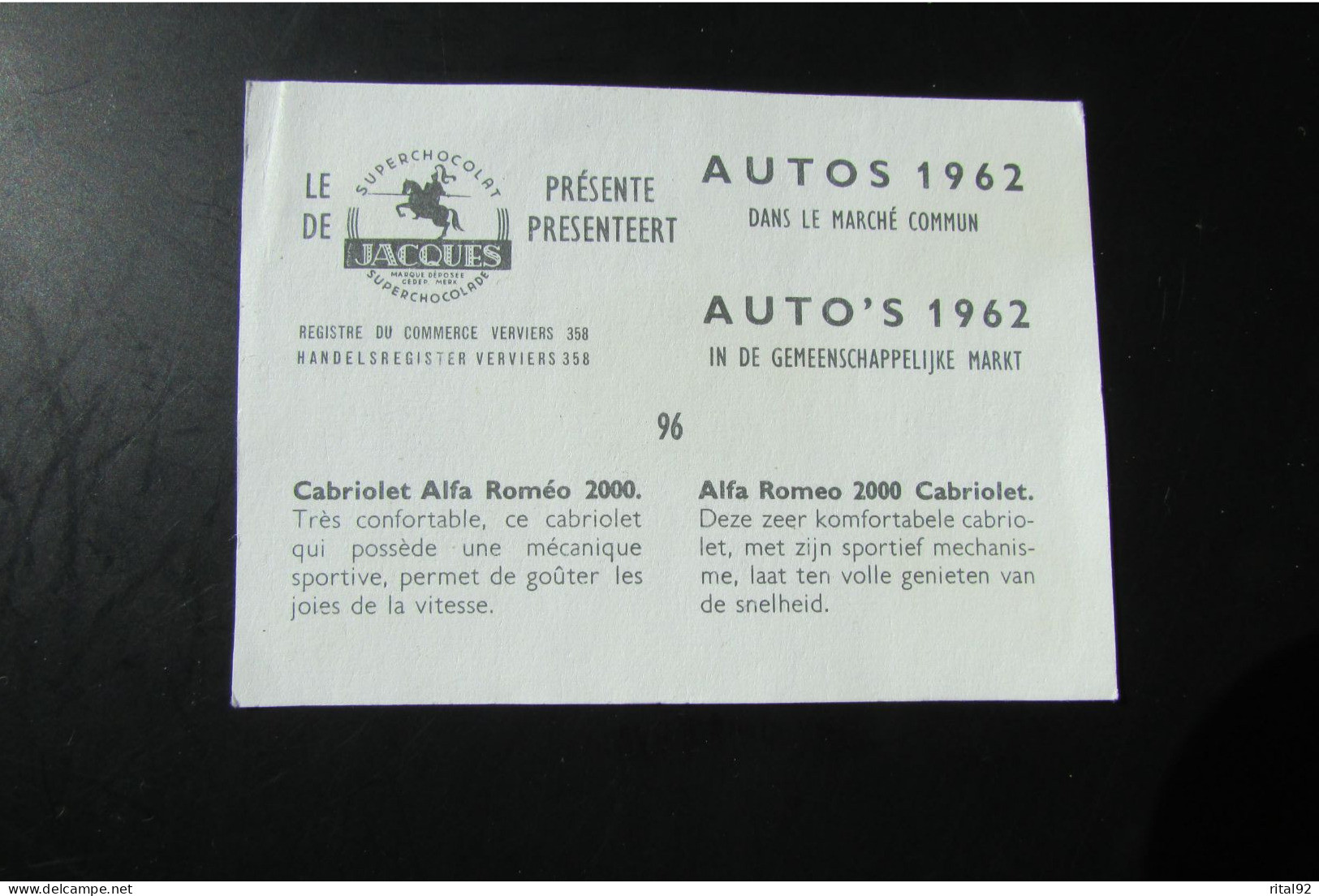 Chromo "Chocolat JACQUES" - Série "AUTOS 1962" - Jacques