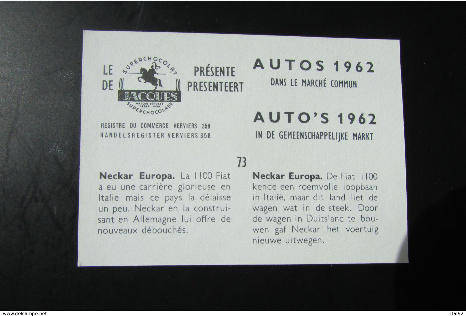 Chromo "Chocolat JACQUES" - Série "AUTOS 1962" - Jacques