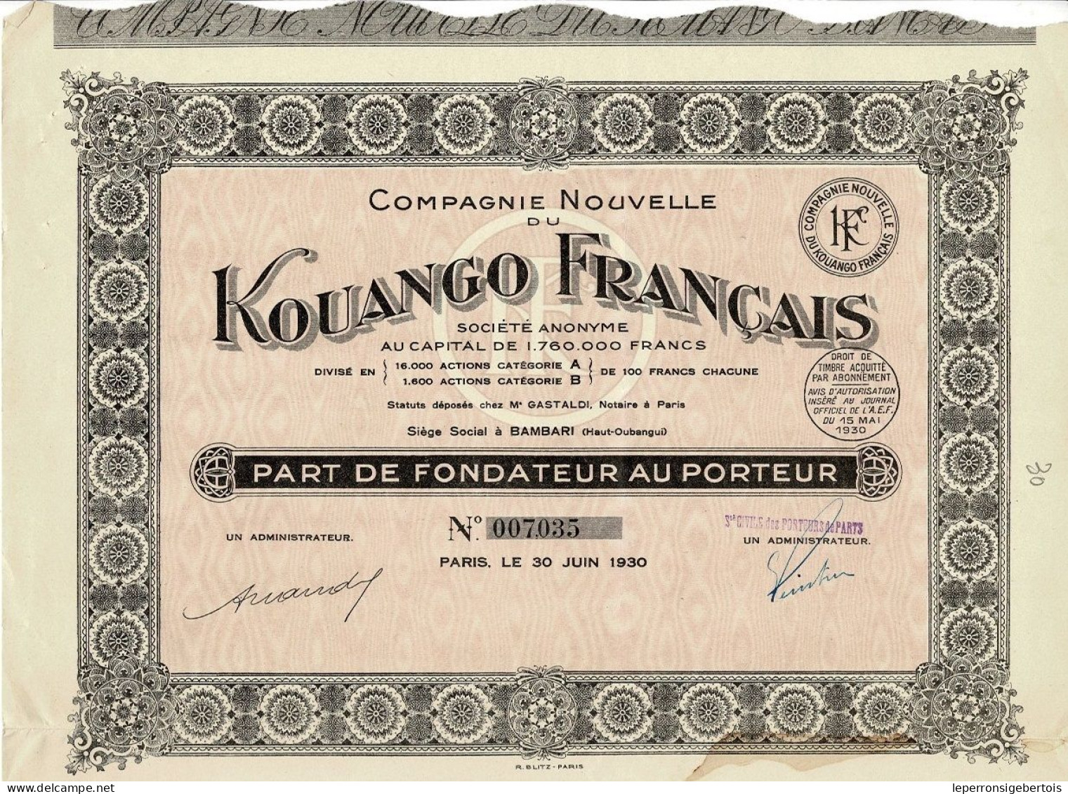 - Titre De 1930 - Compagnie Nouvelle Du Kouango Français - Haut-Oubangui  - - Africa