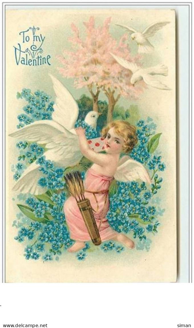 N°4770 - Carte Gaufrée - To My Valentine - Angelot Avec Des Colombes - Saint-Valentin