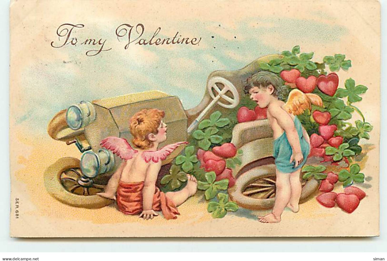 N°20082 - Carte Gaufrée - To My Valentine - Anges Près D'une Voiture Accidentée Remplie De Trèfles Et De Coeurs - Valentine's Day