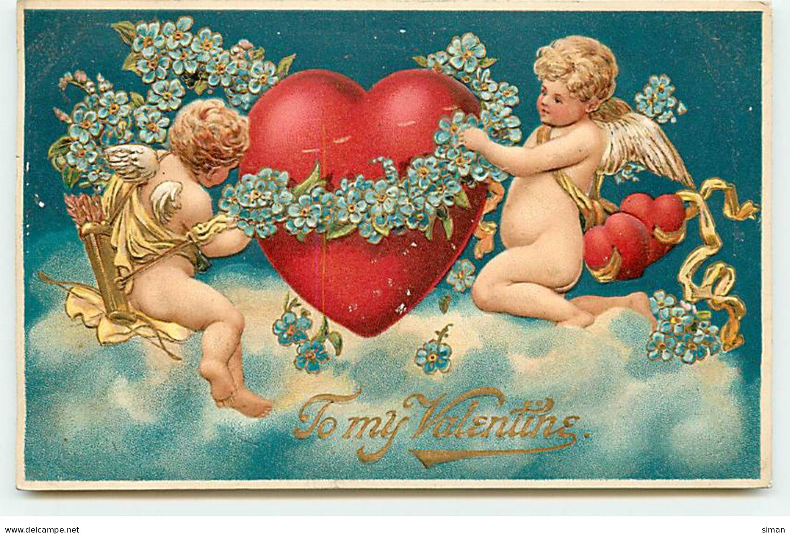 N°20081 - Carte Gaufrée - To My Valentine - Un Ange Et Un Cupidon Décorant Un Coeur D'une Guirlande De Myosotis - Valentine's Day