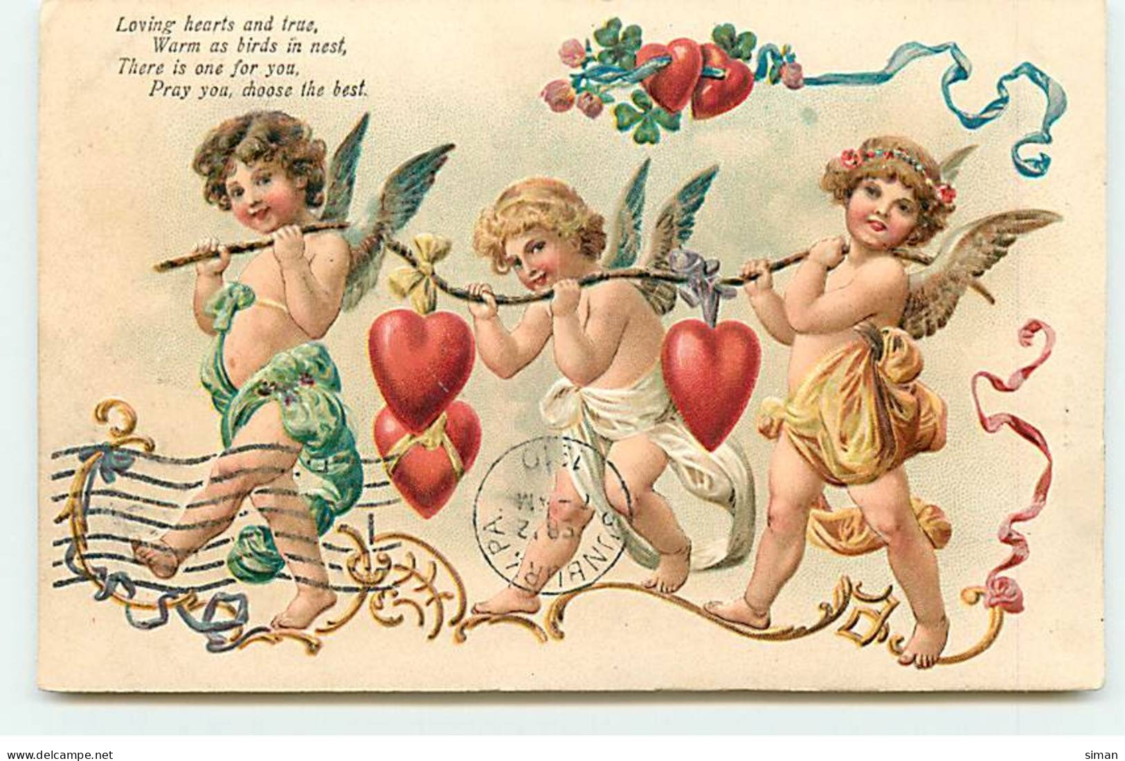 N°20083 - Carte Gaufrée - Loving Hearts And True ... The Best - Anges Portant Des Coeurs Accrochés à Une Branche - San Valentino