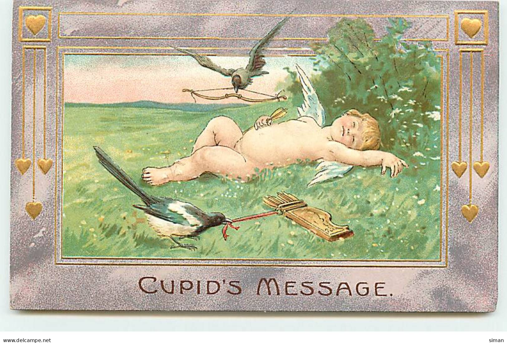 N°20084 - Carte Gaufrée - Cupid's Message - Cupidon Dormant Dans L'herbe - Saint-Valentin