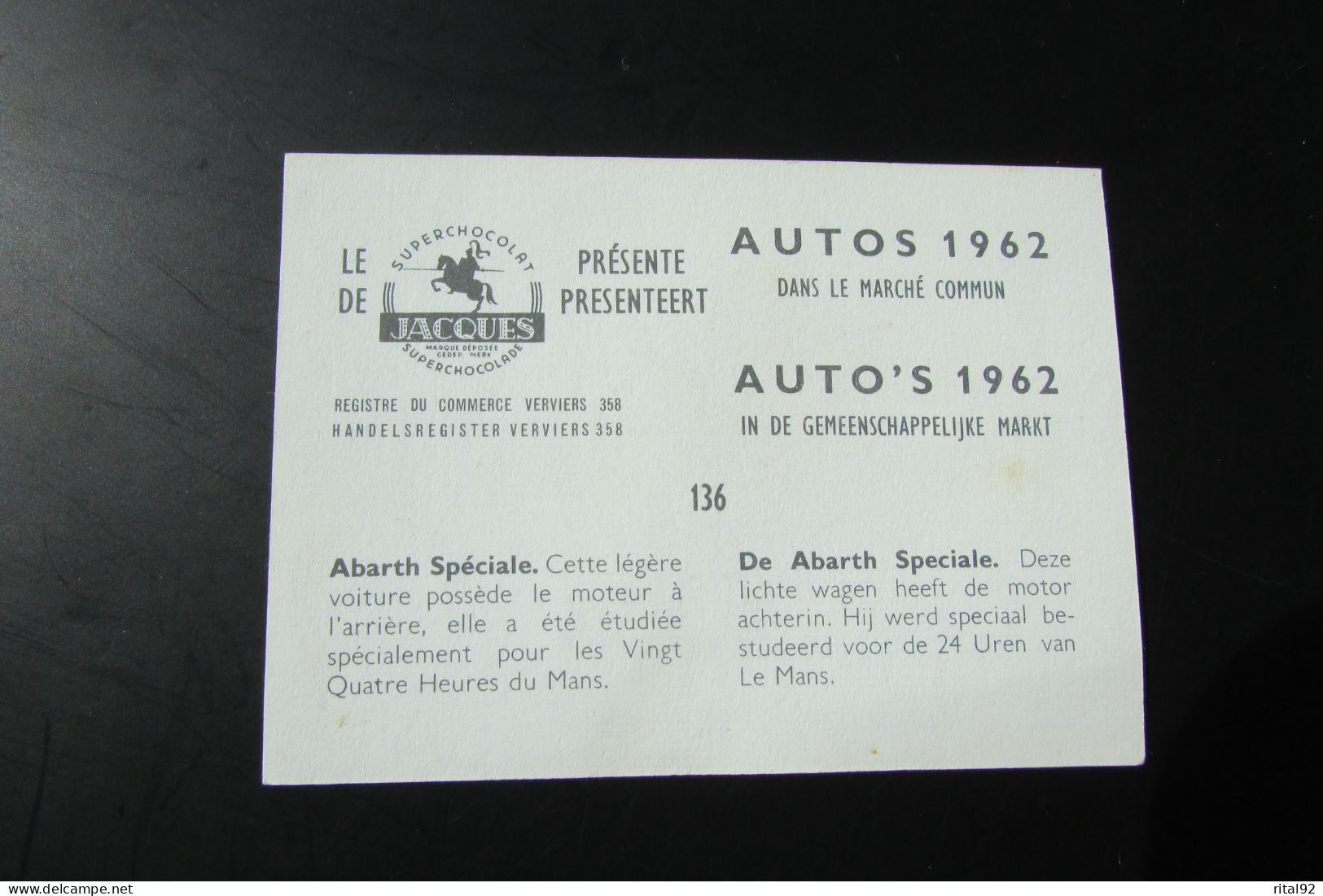 Chromo "Chocolat JACQUES" - Série "AUTOS 1962" - Jacques