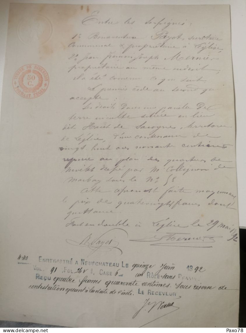 Act Notaire, Neufchateau 1892 - Sonstige & Ohne Zuordnung