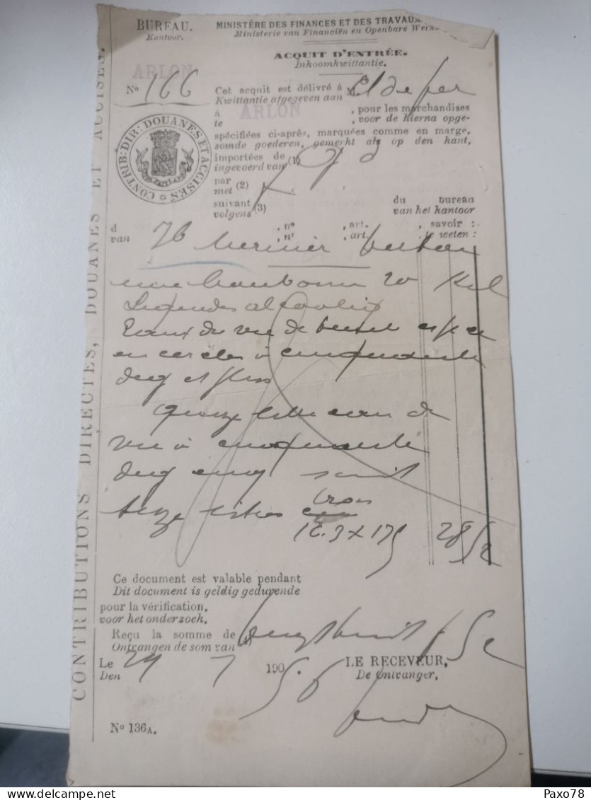Acquit D'entrée, Arlon 1906 - Other & Unclassified
