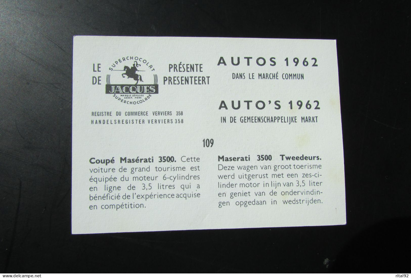 Chromo "Chocolat JACQUES" - Série "AUTOS 1962" - Jacques