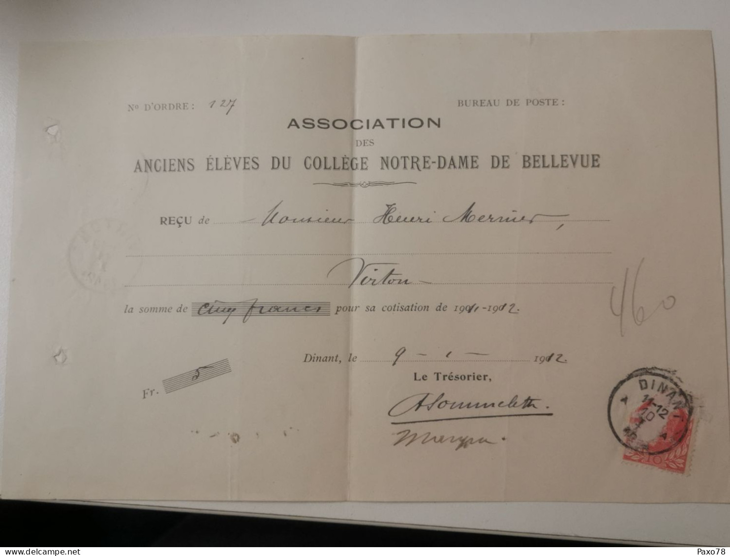 Reçu, Collège Notre-Dame De Bellevue, Dînant 1912 - Otros & Sin Clasificación