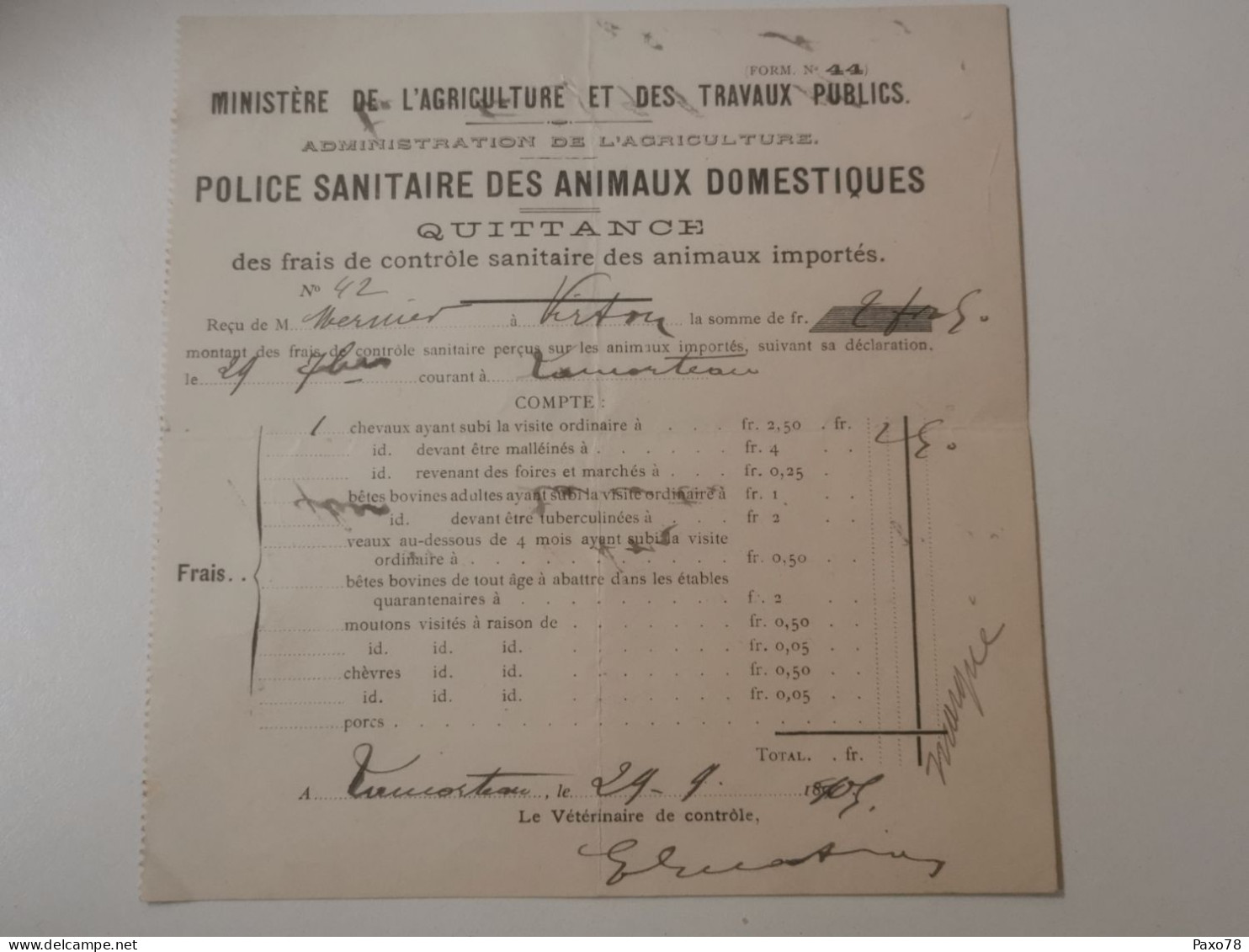Quittance, Police Sanitaire Des Animaux Domestiques, Virton 1903 - Sonstige & Ohne Zuordnung