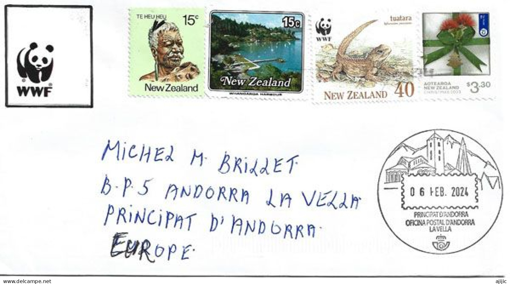 WWF. New-Zealand Reptile Tuatara, Letter New-Zealand To Andorra 2024, With Arrival Andorran Postmark - Covers & Documents