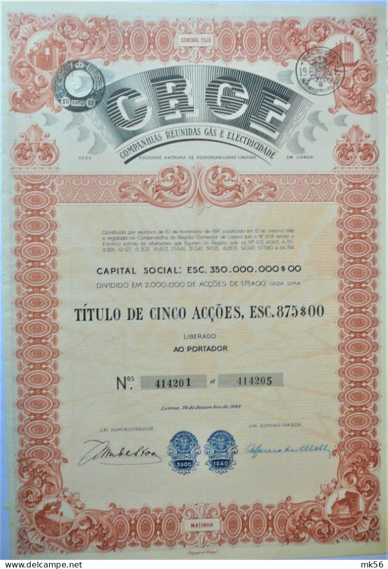 Comp.Reunidas Gas E Electricidade - Titulo De 5 Ac.  (Lisboa) (1948) - Electricité & Gaz