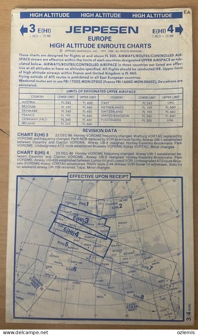 AIRPLANE FLIGHT PLAN ,JEPPESEN ,EUROPE ,HIGH ALTITUDE ENROUTE CHARTS,EFFECTIVE UPON RECEIPT - Other & Unclassified