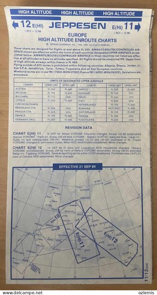 AIRPLANE FLIGHT PLAN ,JEPPESEN ,EUROPE ,HIGH ALTITUDE ENROUTE CHARTS,EFFECTIVE 21 SEP 89 - Andere & Zonder Classificatie